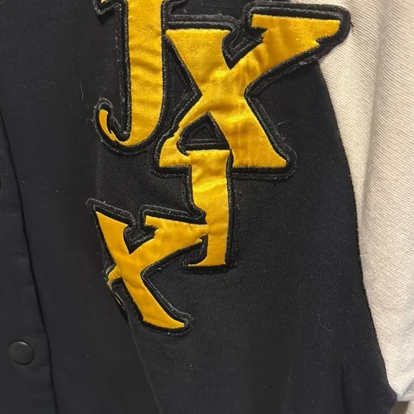 Black and Cream Varsity Jacket with Gold Lettering - Picture 2 of 8